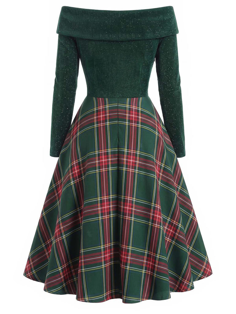 Rot 1950er Weihnachten Schulterfrei Tartan Kleid