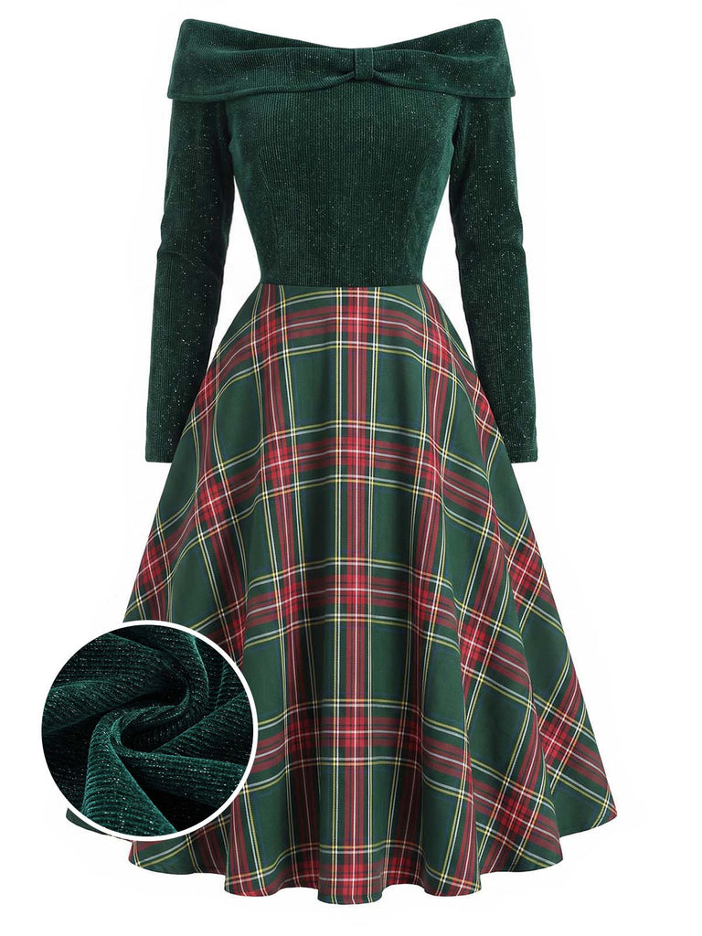 Rot 1950er Weihnachten Schulterfrei Tartan Kleid