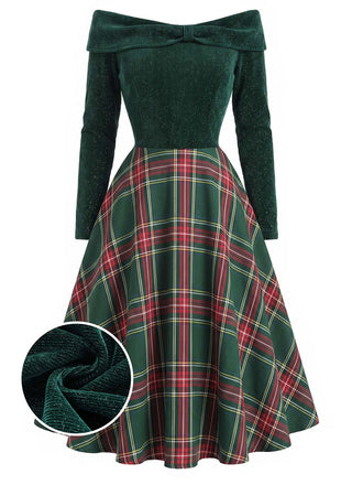 Grün 1950er Weihnachten Schulterfrei Tartan Kleid
