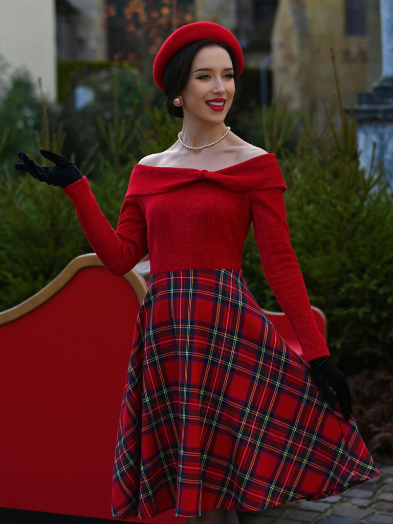 Rot 1950er Weihnachten Schulterfrei Tartan Kleid