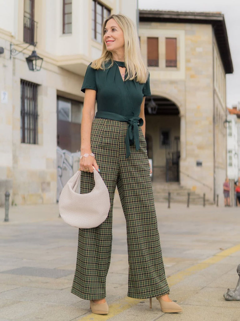 Grün 1930er Plaid Schlüssellochhals Jumpsuit