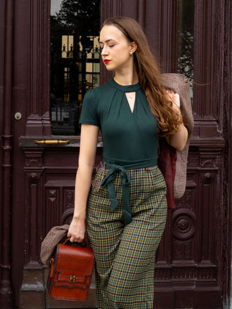 Grün 1930er Plaid Schlüssellochhals Jumpsuit