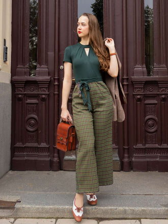 Grün 1930er Plaid Schlüssellochhals Jumpsuit