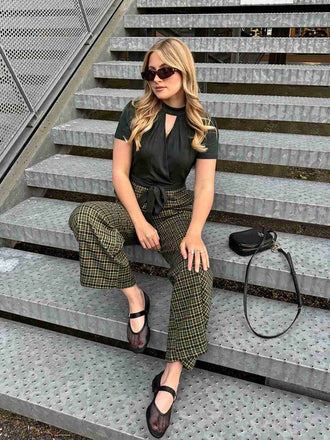 Grün 1930er Plaid Schlüssellochhals Jumpsuit