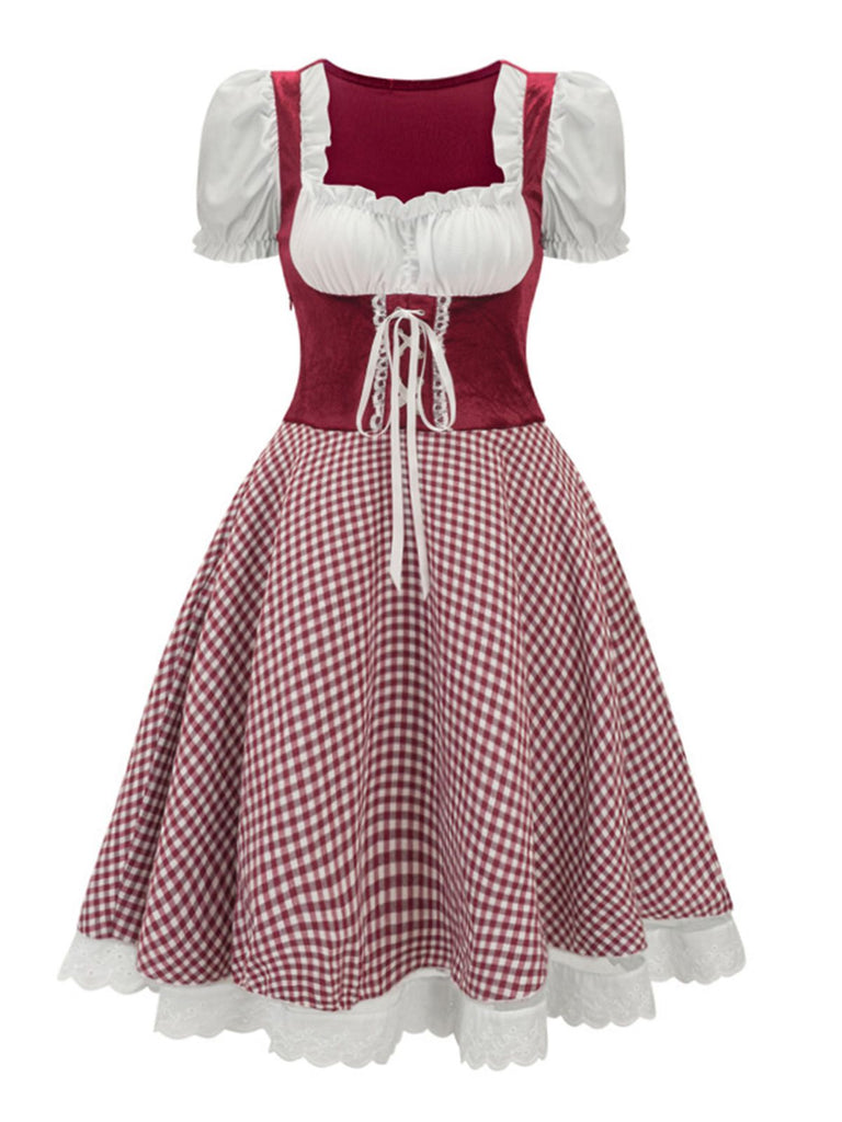 1950er Oktoberfest Puffärmel Gingham Plaid Kleid