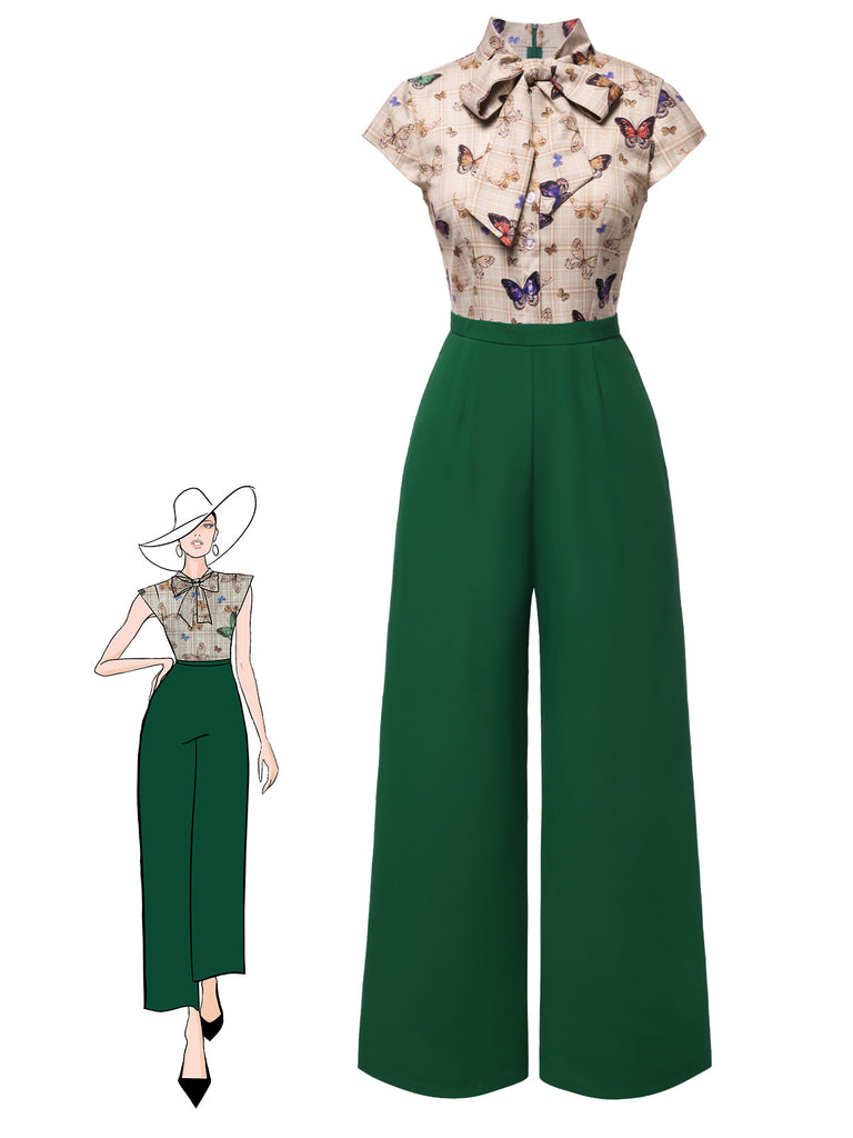 Grün 1930er Krawattenhals Plaids Schmetterlinge Jumpsuit