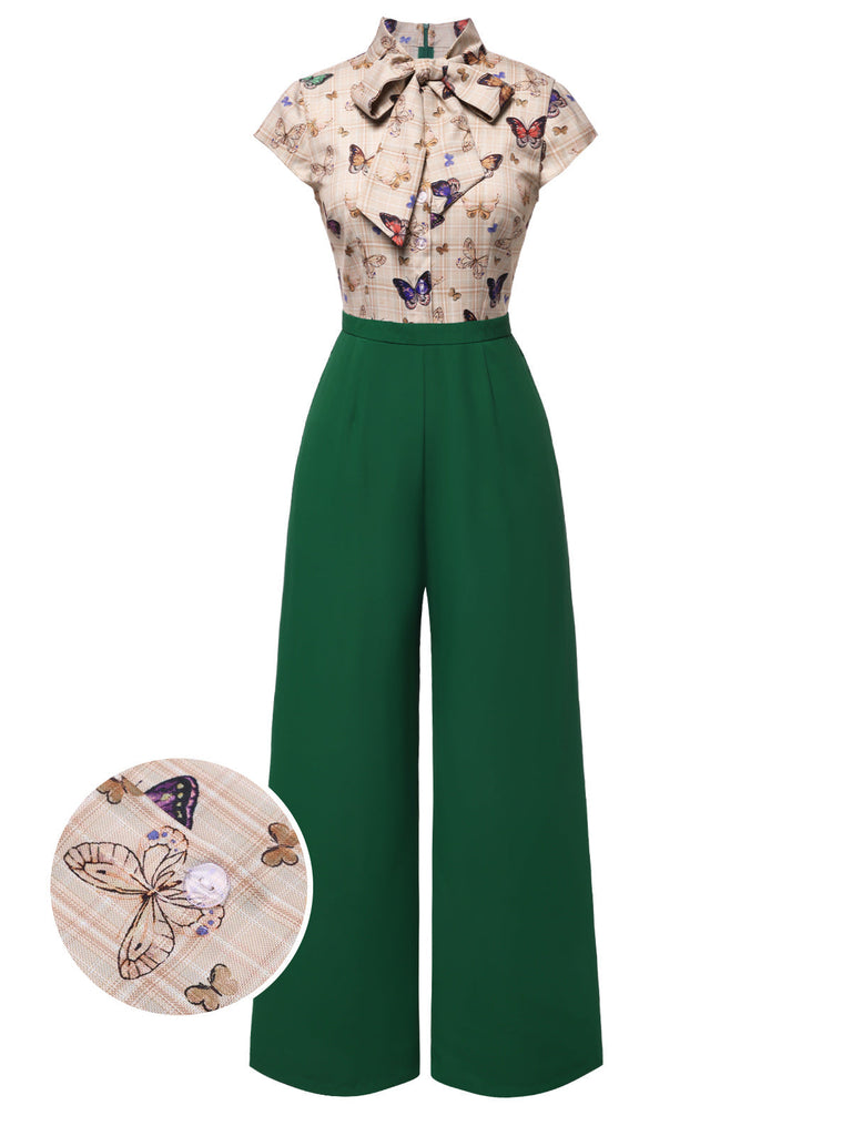 Grün 1930er Krawattenhals Plaids Schmetterlinge Jumpsuit