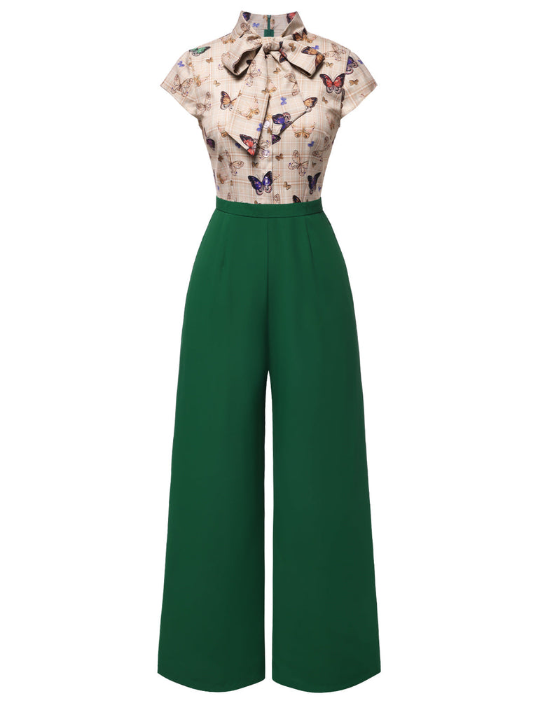 Grün 1930er Krawattenhals Plaids Schmetterlinge Jumpsuit