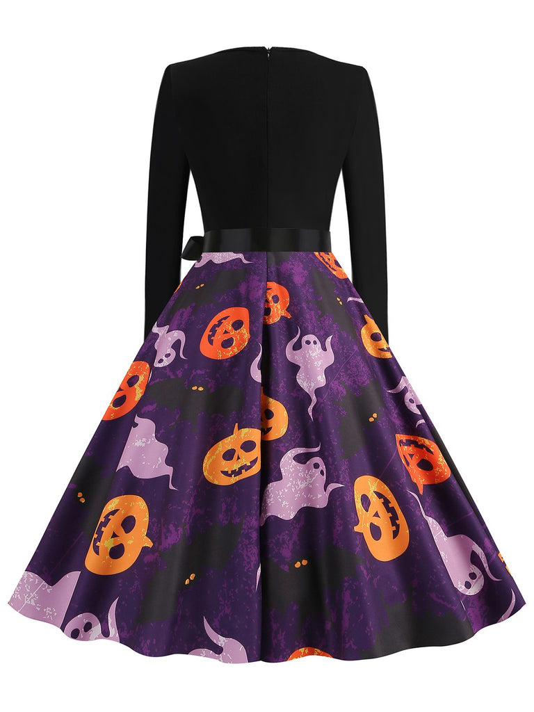 Schwarz 1950er Halloween Kürbis Geist Blütenblattkragen Kleid