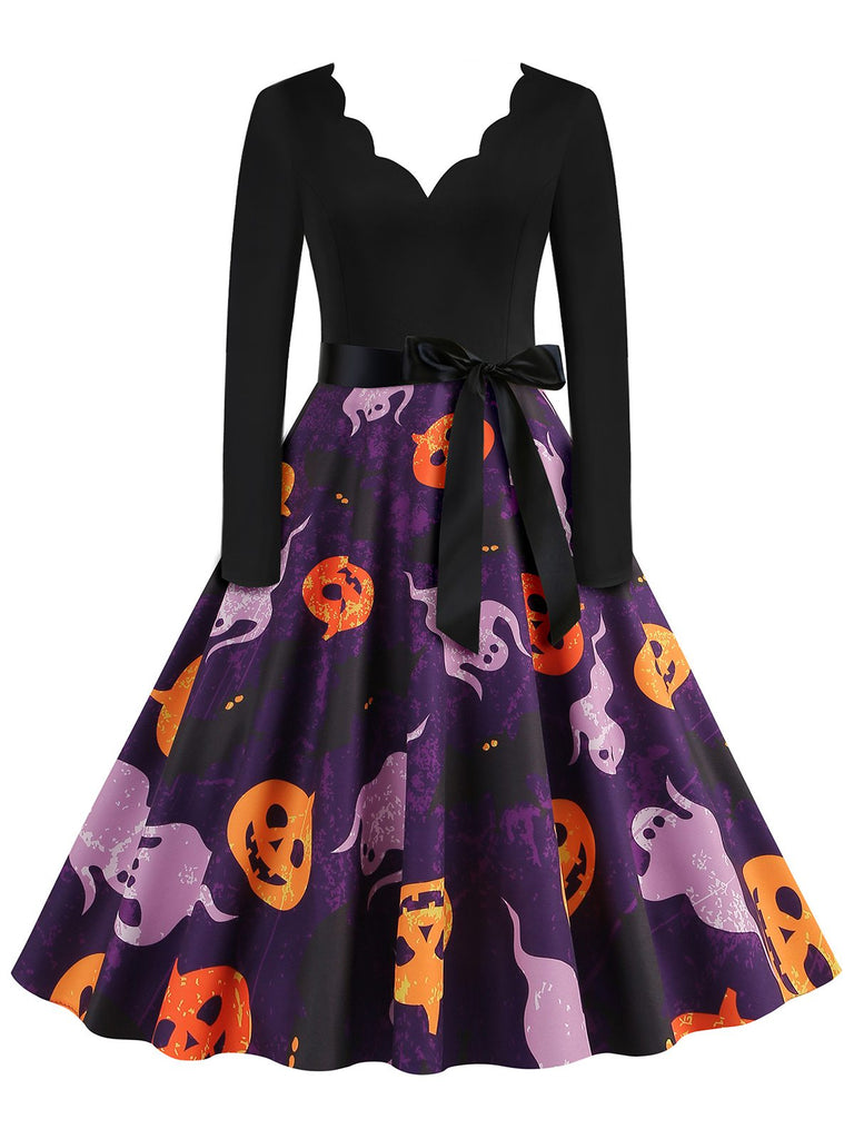 Schwarz 1950er Halloween Kürbis Geist Blütenblattkragen Kleid