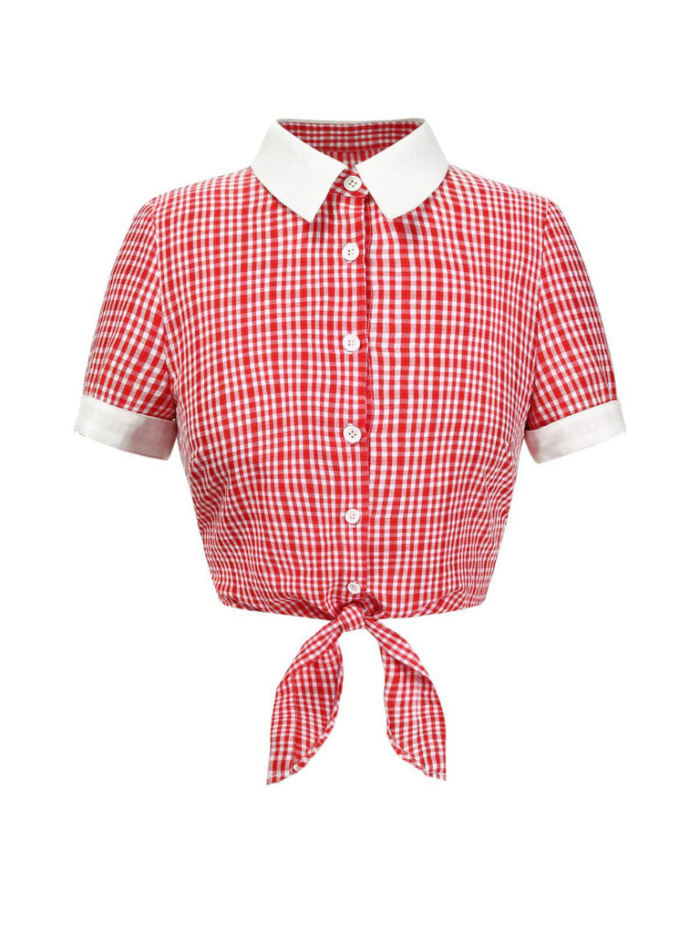 [Vorverkauf] Rot 1930er Revers Gingham Plaid Top