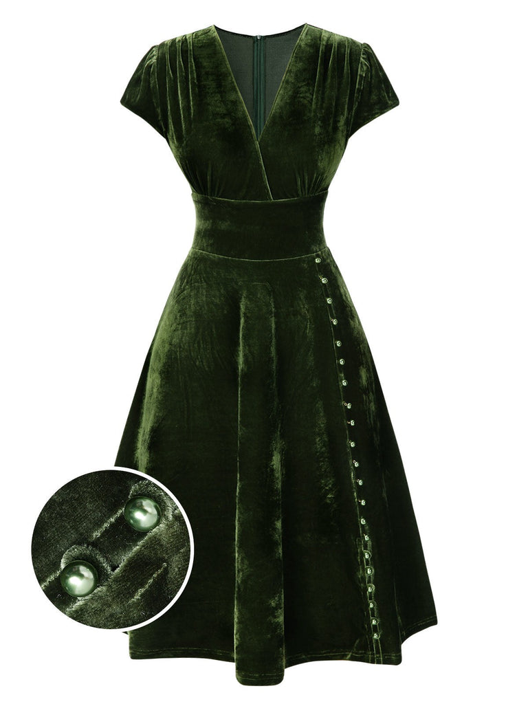 [Vorverkauf] Grün 1940er Tief V-Ausschnitt Perle Samt Kleid