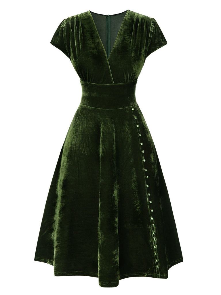 [Vorverkauf] Grün 1940er Tief V-Ausschnitt Perle Samt Kleid