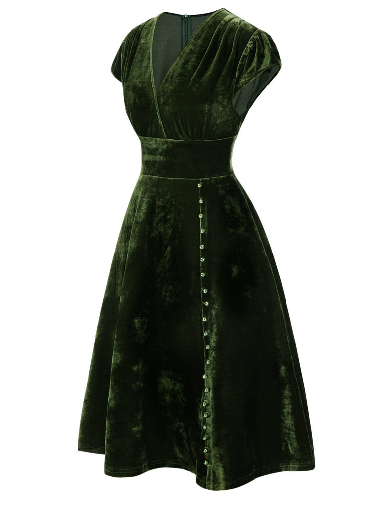 [Vorverkauf] Grün 1940er Tief V-Ausschnitt Perle Samt Kleid