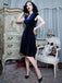 Blau 1940er Tief V-Ausschnitt Perle Samt Kleid