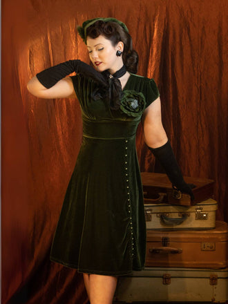 Grün 1940er Tief V-Ausschnitt Perle Samt Kleid