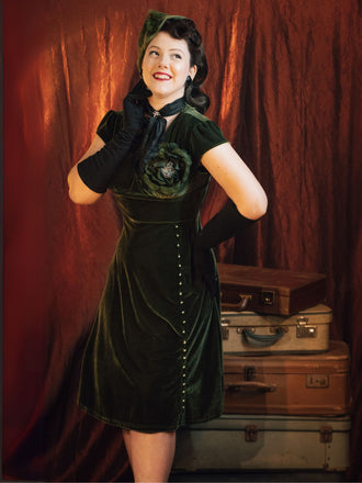 Grün 1940er Tief V-Ausschnitt Perle Samt Kleid