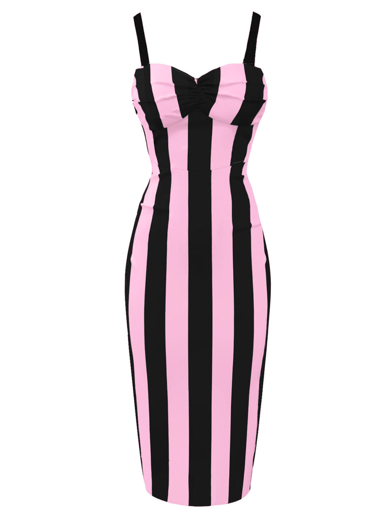 Schwarz 1960er Beetlejuice Kostüm Vertikale Streifen Träger Bleistiftkleid