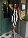 Schwarz 1960er Beetlejuice Kostüm Vertikale Streifen Träger Bleistiftkleid