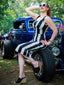 Schwarz 1960er Beetlejuice Kostüm Vertikale Streifen Träger Bleistiftkleid