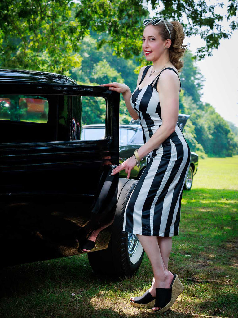 Schwarz 1960er Beetlejuice Kostüm Vertikale Streifen Träger Bleistiftkleid