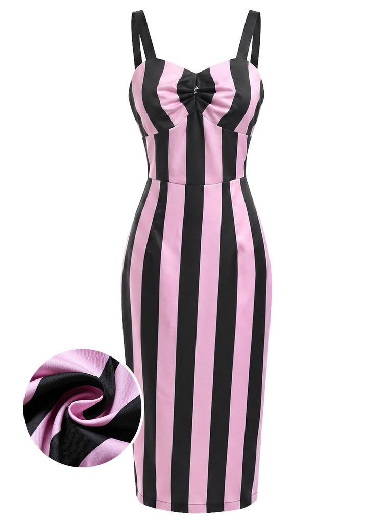 Schwarz 1960er Beetlejuice Kostüm Vertikale Streifen Träger Bleistiftkleid