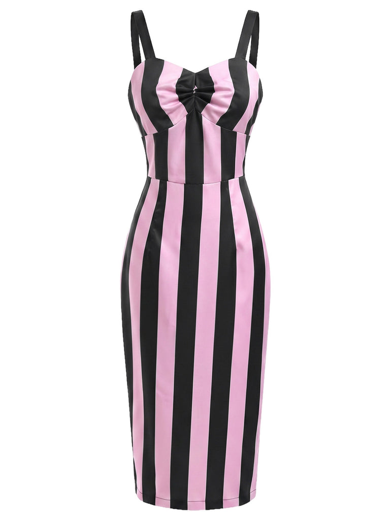 Schwarz 1960er Beetlejuice Kostüm Vertikale Streifen Träger Bleistiftkleid