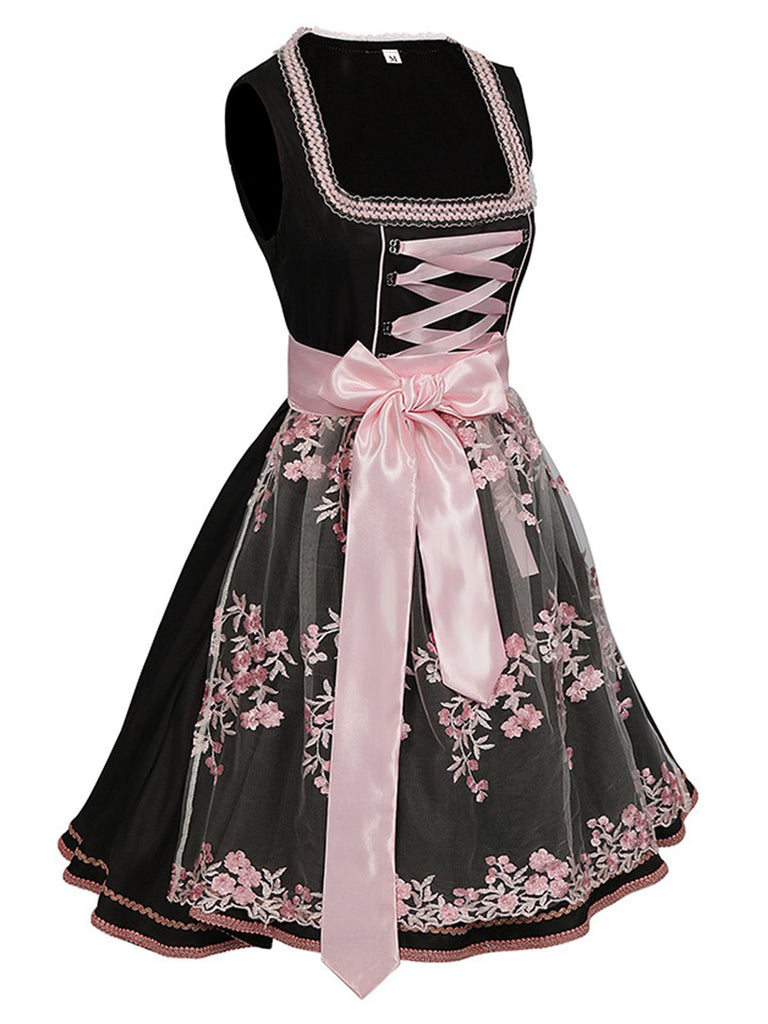 2PCS Schwarz 1950er Oktoberfest Kleid Mit Bestickter Schürze