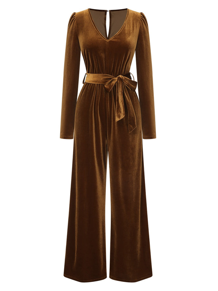 Dunkelbraun 1930er Solide V-Ausschnitt Samt Jumpsuit