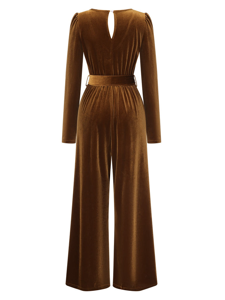 Dunkelbraun 1930er Solide V-Ausschnitt Samt Jumpsuit