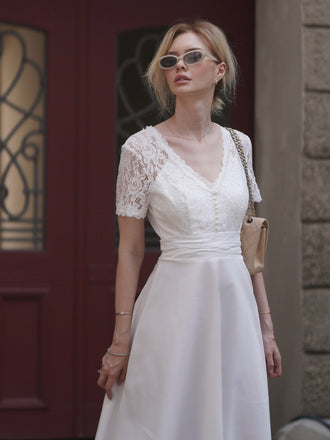 Weiß 1940er V-Ausschnitt Spitze Patchwork Kleid