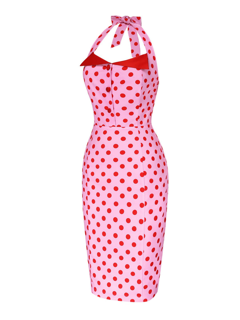 [Vorverkauf] Rosa 1960er Polka Dots Halter Bleistiftkleid