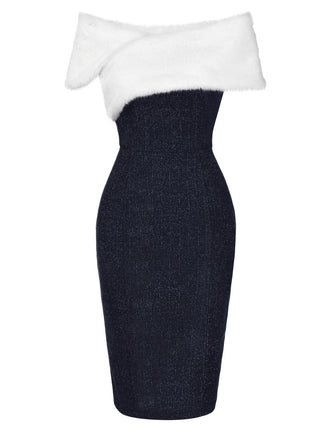 Schwarz 1960er Kunstpelz Schulterfrei Kleid