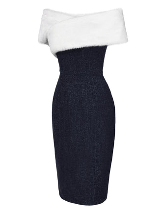 Schwarz 1960er Kunstpelz Schulterfrei Kleid