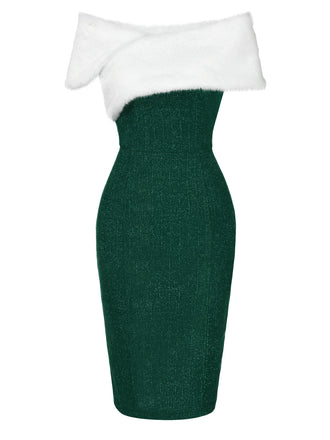 Grün 1960er Kunstpelz Schulterfrei Kleid