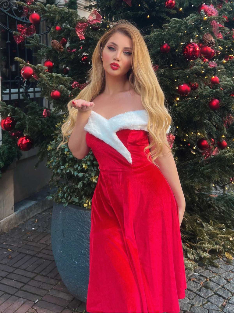 [Vorverkauf] Rot 1960er Kunstpelz Schulterfrei Kleid