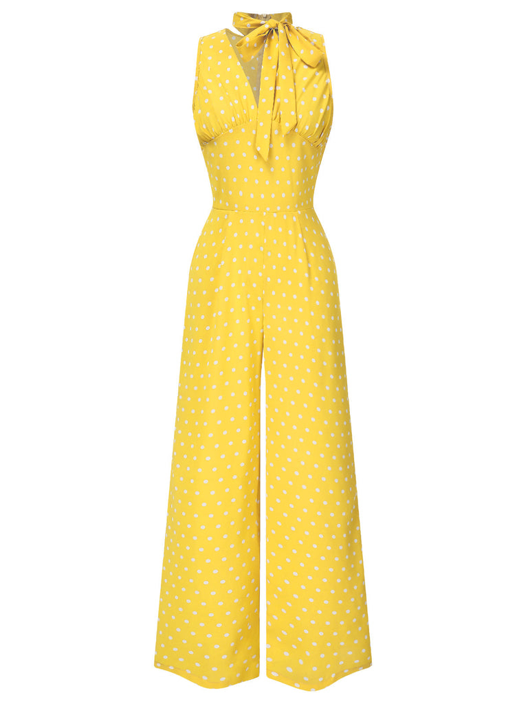 [Vorverkauf] Gelb 1960er Polka Dot V-Ausschnitt Bogen Jumpsuit