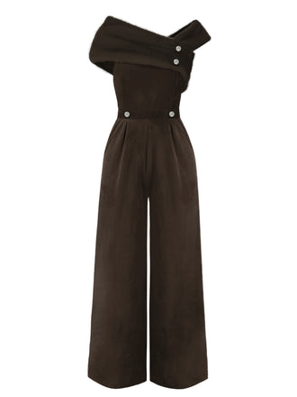 Braun 1950er Samt Schulterfrei Taste Jumpsuit