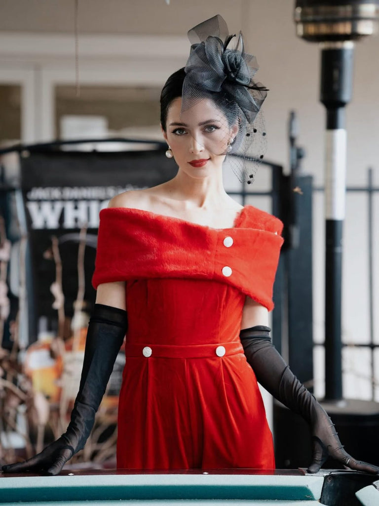 Rot 1950er Samt Schulterfrei Taste Jumpsuit