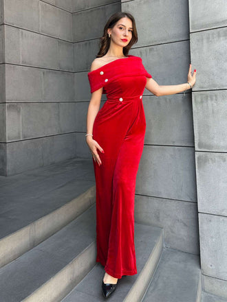 Rot 1950er Samt Schulterfrei Taste Jumpsuit