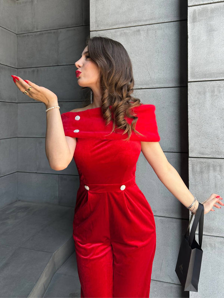 Rot 1950er Samt Schulterfrei Taste Jumpsuit