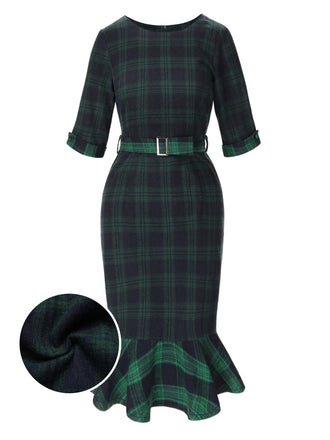 1930er Rundhalsausschnitt Tartan Plaid Meerjungfrauenkleid