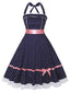 Marineblau 1950er Polka Dots Halter Kleid