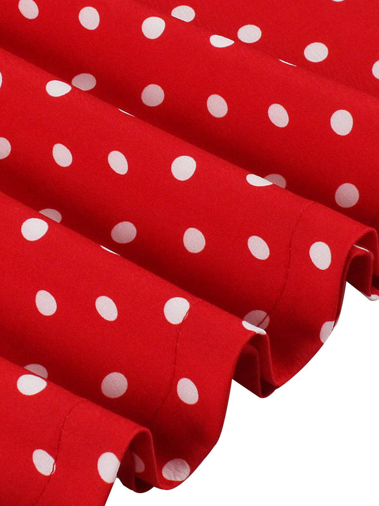 Rot 1950er Polka Dot Geknöpft Revers Kleid