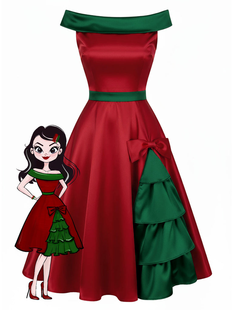 [Vorverkauf] Rot & Grün 1950er Weihnachten Baum Schulterfrei Kleid