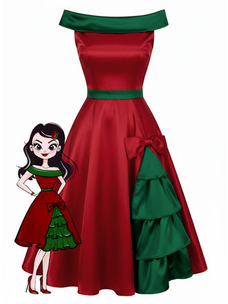 [Vorverkauf] Rot & Grün 1950er Weihnachten Baum Schulterfrei Kleid