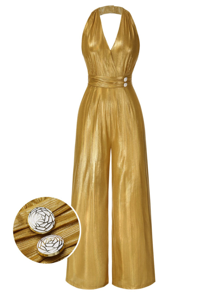 Gold 1970er Solide V-Ausschnitt Halter Jumpsuit