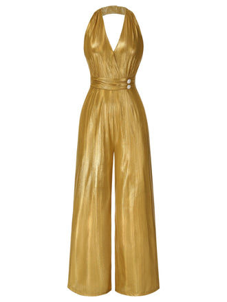 Gold 1970er Solide V-Ausschnitt Halter Jumpsuit