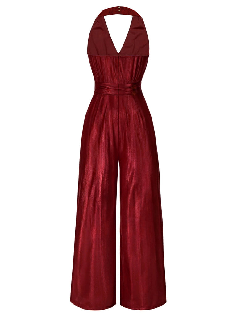 [Vorverkauf] Grün 1970er Solide V-Ausschnitt Halter Jumpsuit