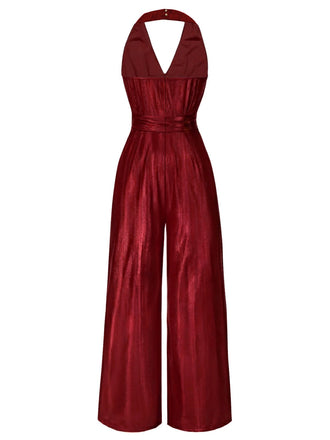 Rot 1970er Solide V-Ausschnitt Halter Jumpsuit